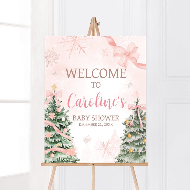 Pink Christmas It's Cold Outside Welcome Poster (Baby It's Cold Outside Pink Christmas Baby Shower Welcome Sign)