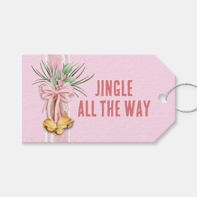 Pink Christmas Jingle Bells Personalized Gift Tag (Front (Horizontal))