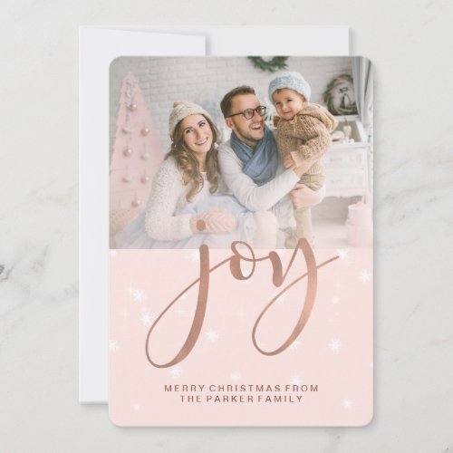 Pink Christmas Joy with Snowflakes and Photo Holiday Card