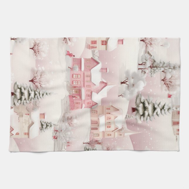 Pink Christmas kitchen towel. Towel (Horizontal)