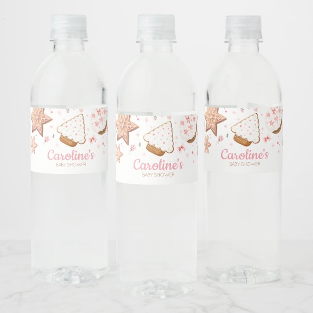 Pink Christmas Little Cookie Baby Shower Water Bottle Label (Bottles)