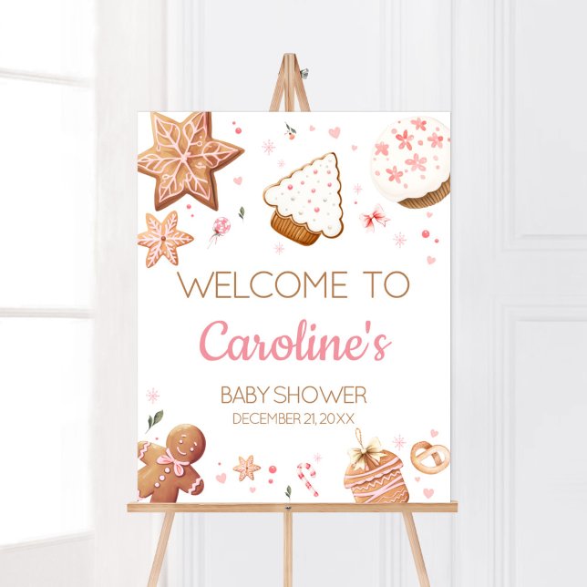Pink Christmas Little Cookie Welcome Poster (Christmas Little Cookie Gingerbread Baby Shower Welcome Sign)