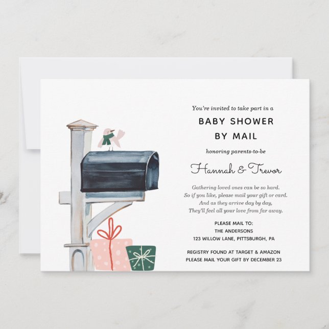 Pink Christmas Mailbox Baby Shower by Mail Invitation (Front)