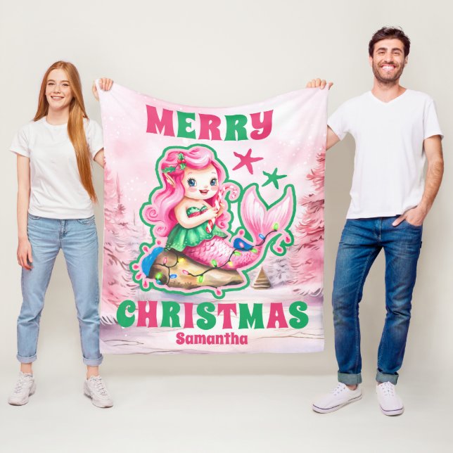 Pink Christmas Mermaid Personalized Kids Name Fleece Blanket (In Situ)