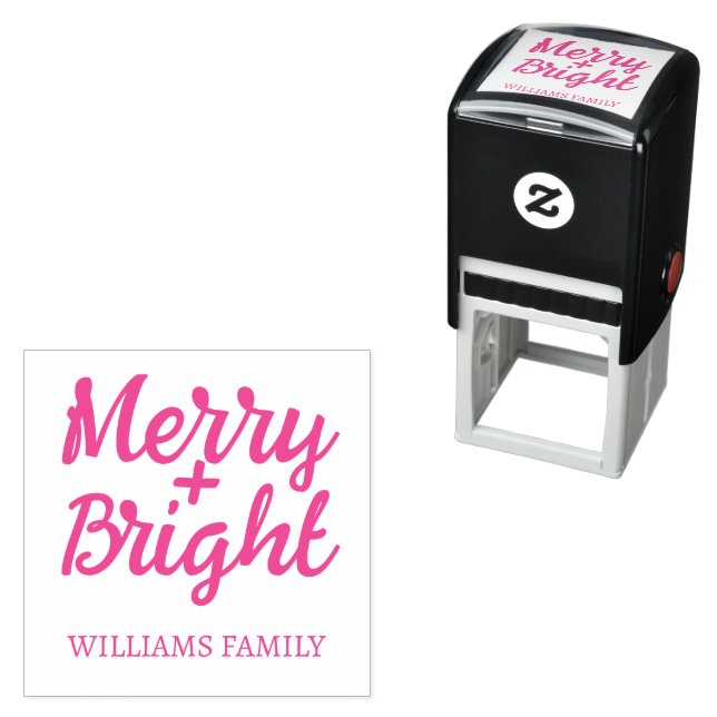 Pink Christmas Merry Bright Family name Self-inking Stamp (In Situ)