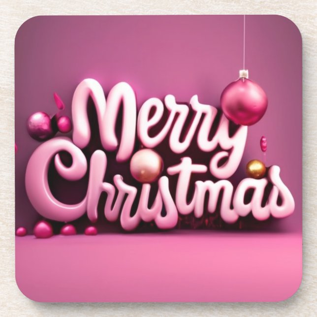 Pink Christmas Merry Christmas holiday 3D font Beverage Coaster (Front)