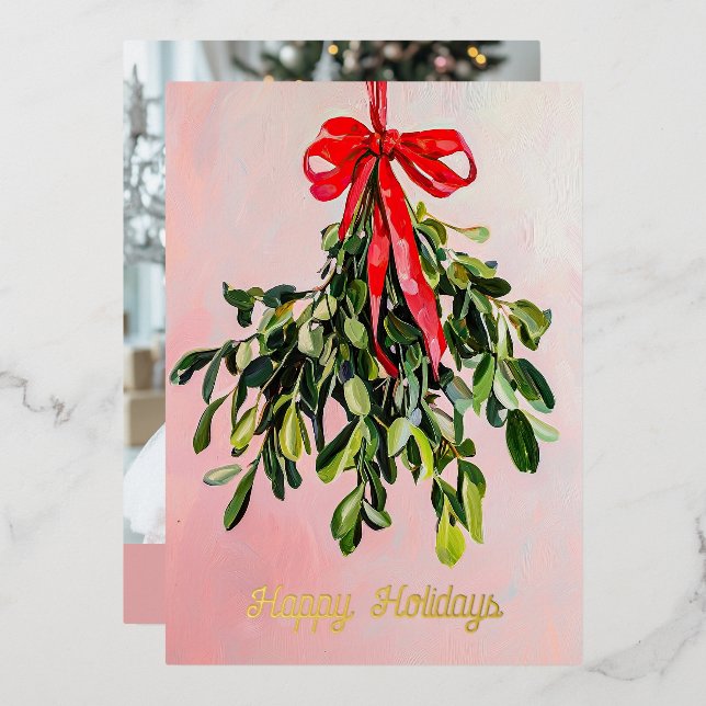 Pink Christmas Mistletoe Painting Custom Photo Foil Holiday Card (Front/Back)