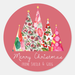 Pink Christmas Modern Elegant Trees Classic Round Sticker