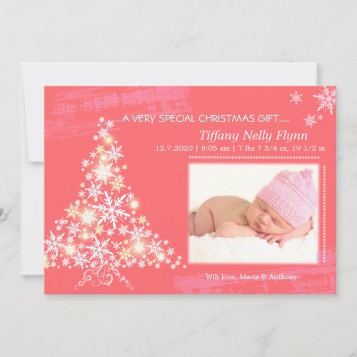 Pink Christmas New Baby Girl Photo Announcement