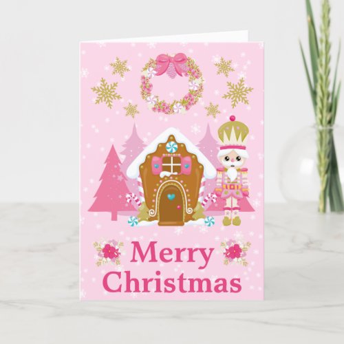 Pink Christmas Nutcracker and Gingerbread House Holiday Card