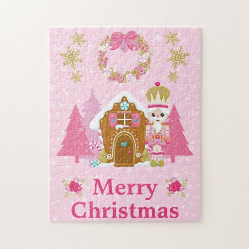 Pink Christmas Nutcracker and Gingerbread House Jigsaw Puzzle