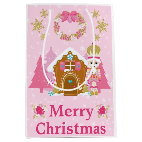 Pink Christmas Nutcracker and Gingerbread House Medium Gift Bag