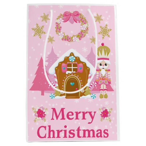 Pink Christmas Nutcracker and Gingerbread House Medium Gift Bag