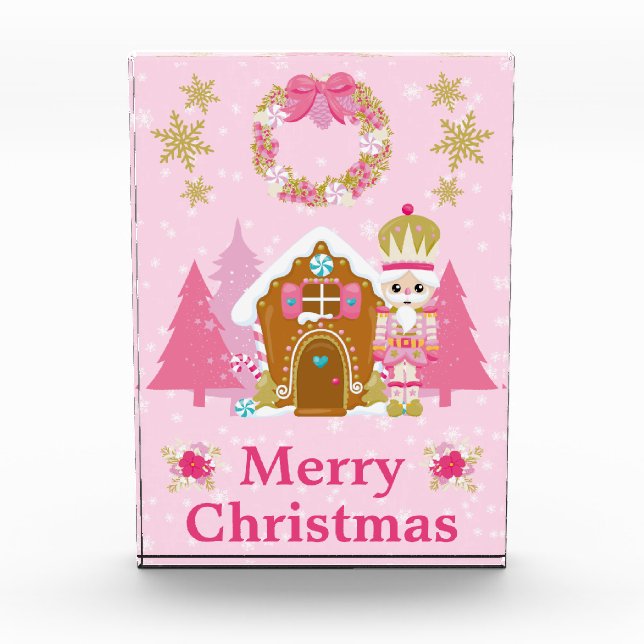 Pink Christmas Nutcracker and Gingerbread House Photo Block (Front)