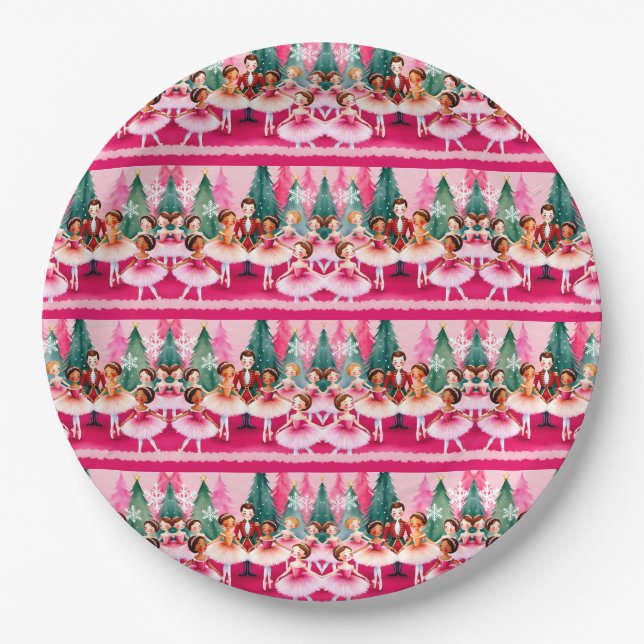 Pink Christmas Nutcracker Ballerina Kids Birthday  Paper Plates (Front)