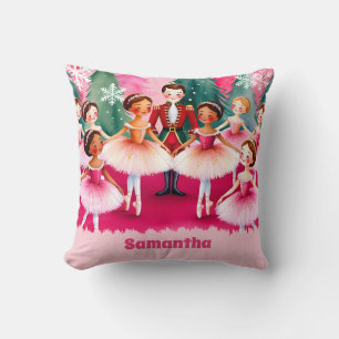 Pink Christmas Nutcracker Ballerina Kids Name Throw Pillow