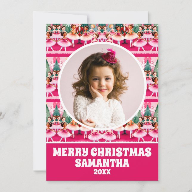 Pink Christmas Nutcracker Ballerina Kids Photo Holiday Card (Front)