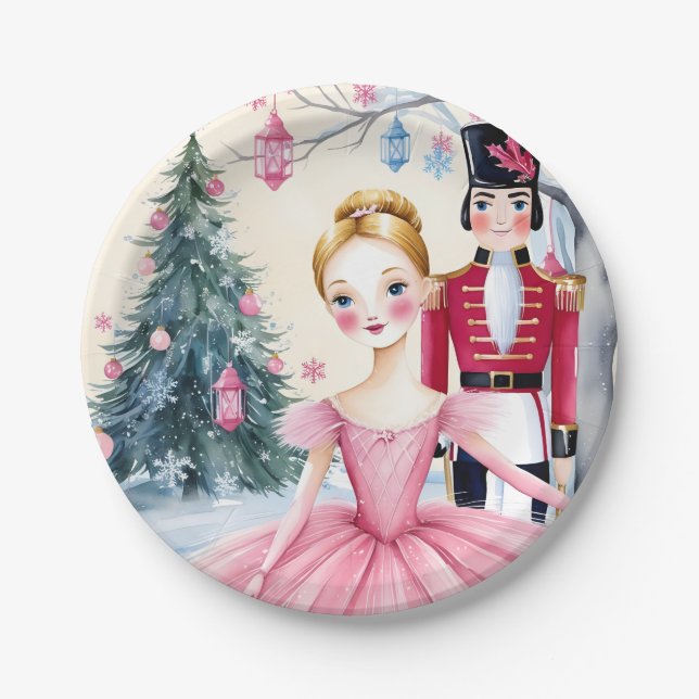 Pink Christmas Nutcracker Ballet & Ballerina  Paper Plates (Front)