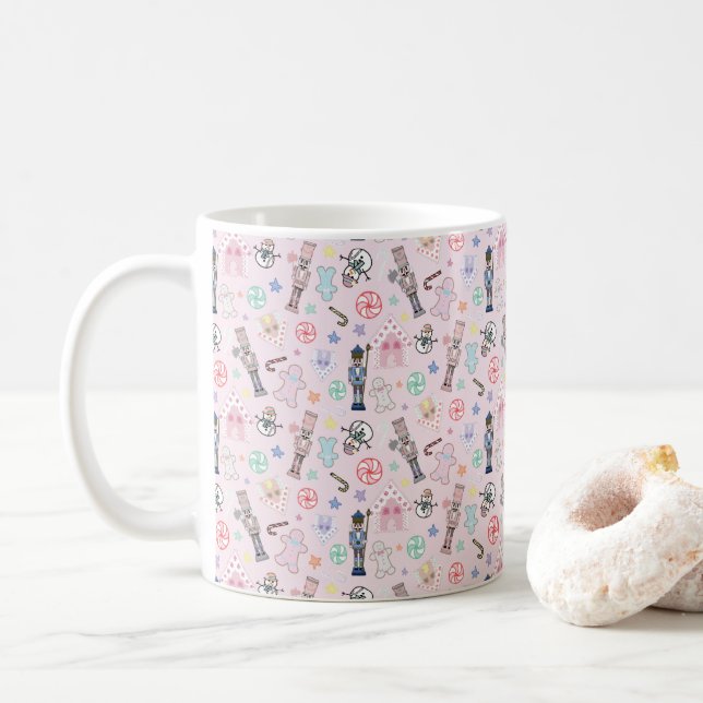 Pink Christmas Nutcracker, Gingerbread & Snowmen Coffee Mug (With Donut)
