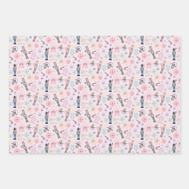 Pink Christmas Nutcracker, Gingerbread & Snowmen W Wrapping Paper Sheets (Front)