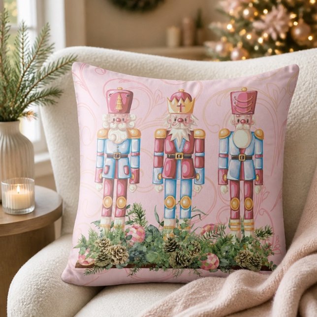 Pink Christmas Nutcracker Trio Throw Pillow (Creator Uploaded)