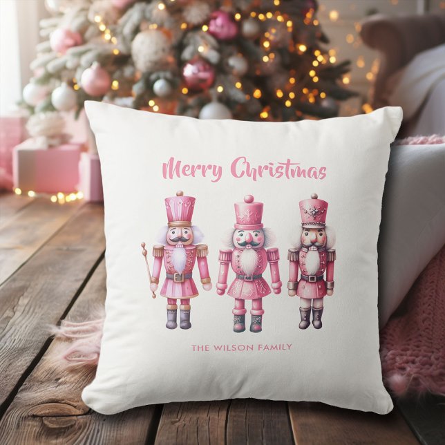 Pink Christmas Nutcrackers Personalized Decor Throw Pillow (pink christmas decor nutcrackers watercolor personalized throw pillow)