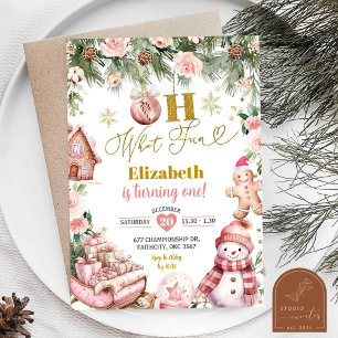 Pink Christmas Oh What Fun Floral First Birthday Invitation