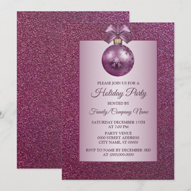 Pink Christmas Ornament Holidays Party Glitter Invitation (Front/Back)