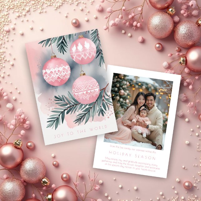 Pink Christmas Ornament Nordic Scandinavian Style  Holiday Card (Pink Christmas Tree Ornament Nordic Scandinavian Style Holidays Cards with Back Photo. )