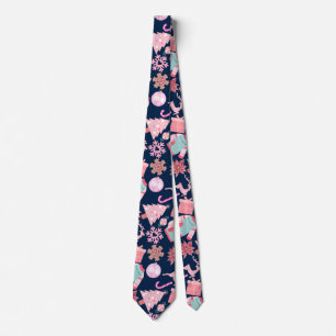 Pink Christmas Ornament Pattern 02 D BLue BG Neck Tie
