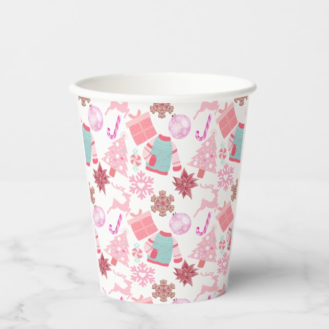 Pink Christmas Ornament Pattern 02 Paper Cups (Front)