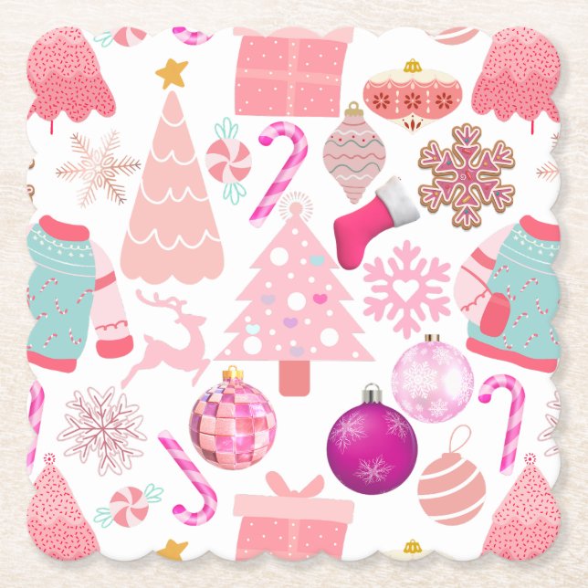Pink Christmas Ornament Pattern Paper Coaster (Front)