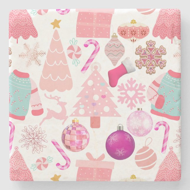 Pink Christmas Ornament Pattern Stone Coaster (Front)