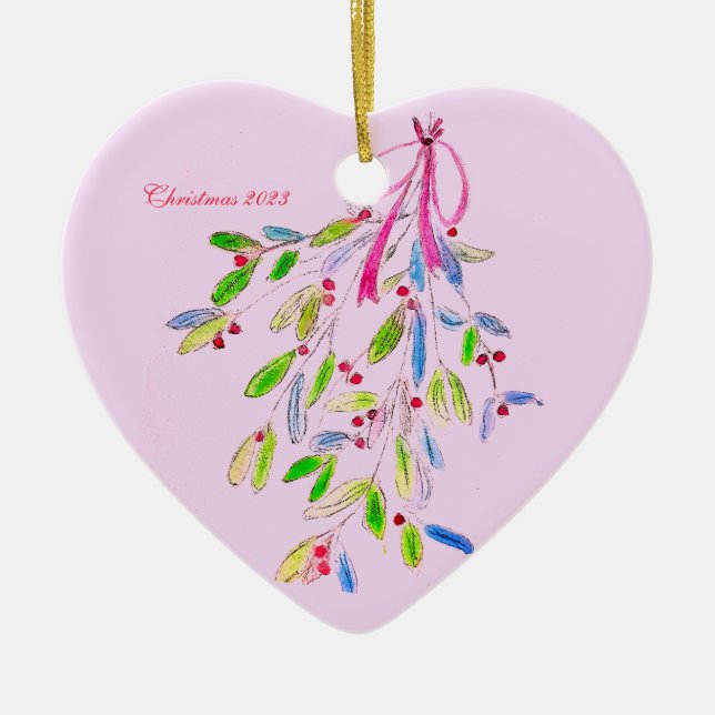 Pink Christmas ornament with mistletoe (Front)