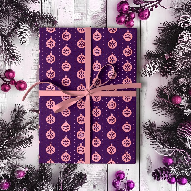 Pink Christmas Ornaments on Purple Modern Holiday Wrapping Paper (Creator Uploaded)