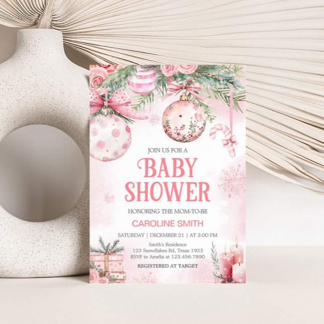 Pink Christmas Ornaments Winter Baby Shower Invitation (Pink Christmas Ornaments Baby Shower Invitation)