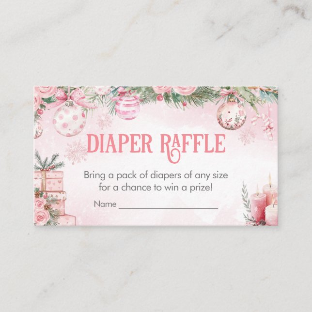 Pink Christmas Ornaments Winter Diaper Raffle Enclosure Card (Front)