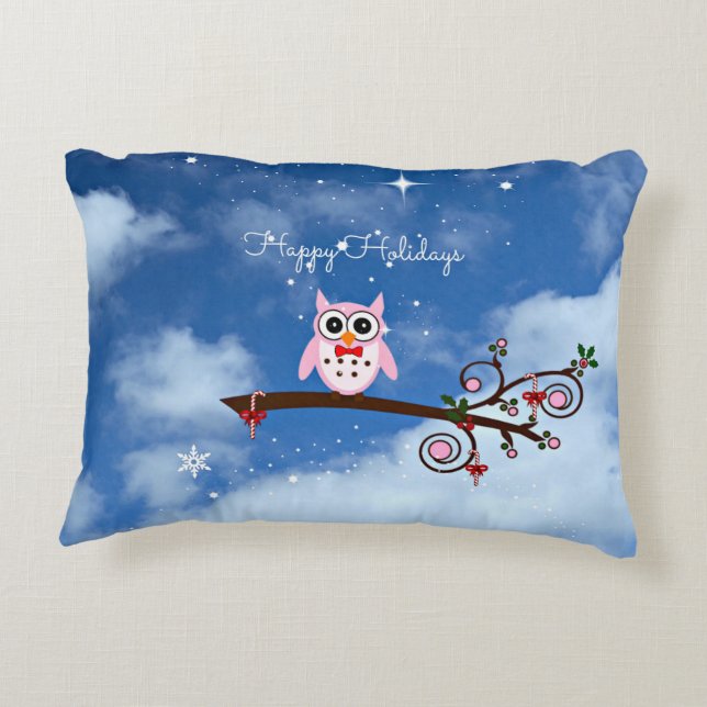 Pink Christmas Owl Accent Pillow (Back)