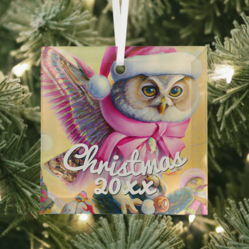Pink Christmas Owl Pretty Vintage Santa Claus Bird Glass Ornament