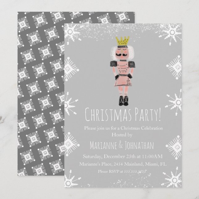 Pink Christmas Party Nutcracker Snowflakes Invitation (Front/Back)