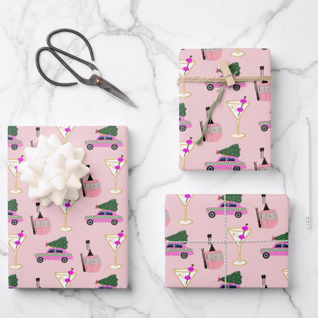 Pink Christmas Party Wrapping Paper Sheets (Front)