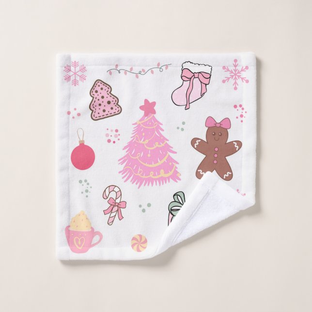 Pink Christmas Pattern Bath Towel Set (Wash Cloth)
