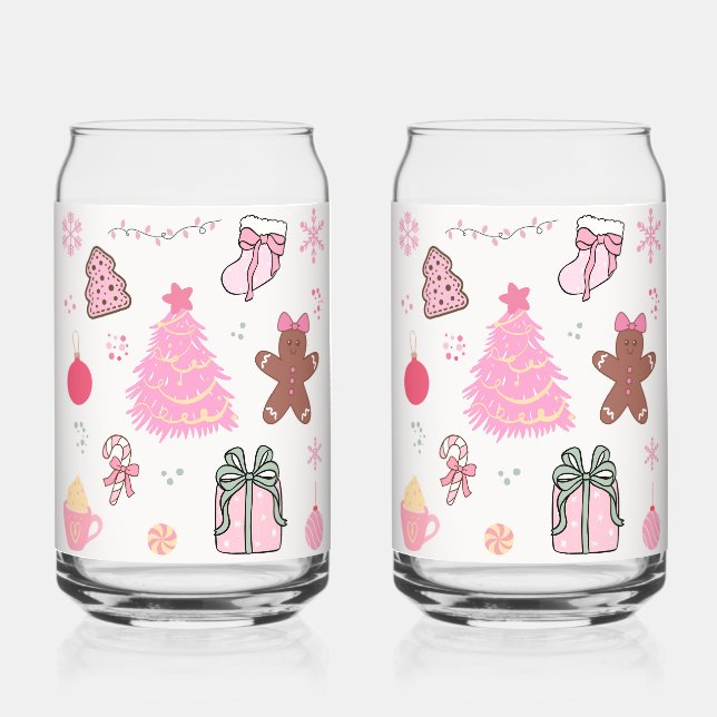 Pink Christmas Pattern Can Glass (Front)