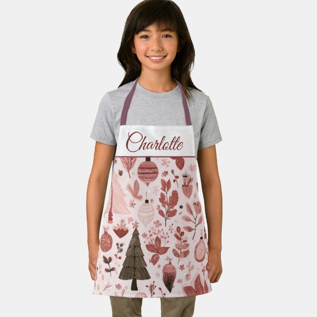 Pink Christmas Pattern | Custom Name Kids Apron (Insitu)