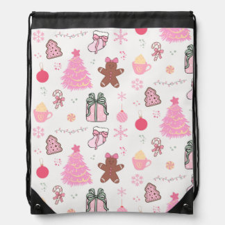 Pink Christmas Pattern Drawstring Bag