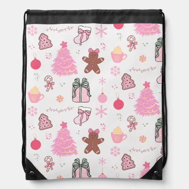 Pink Christmas Pattern Drawstring Bag (Front)