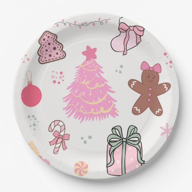 Pink Christmas Pattern Paper Plates (Front)