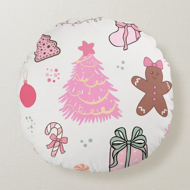 Pink Christmas Pattern Round Pillow (Front)