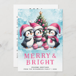 Pink Christmas Penguins Merry and Bright  Holiday Card