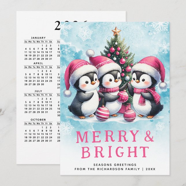 Pink Christmas Penguins Merry and Bright  Holiday Card (Front/Back)